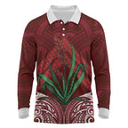 Rongoa Maori New Zealand Harakeke Long Sleeve Polo Shirt NZ Weaving Pattern Red