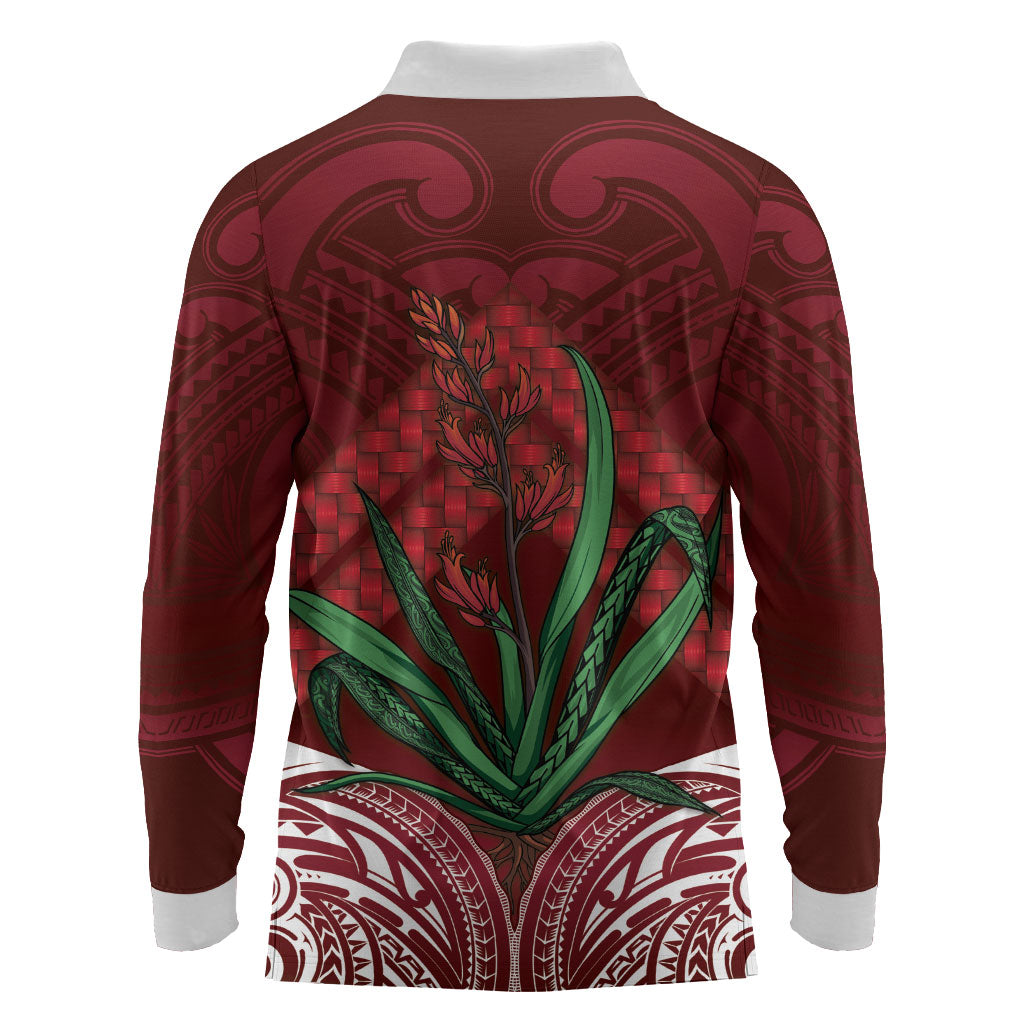 Rongoa Maori New Zealand Harakeke Long Sleeve Polo Shirt NZ Weaving Pattern Red