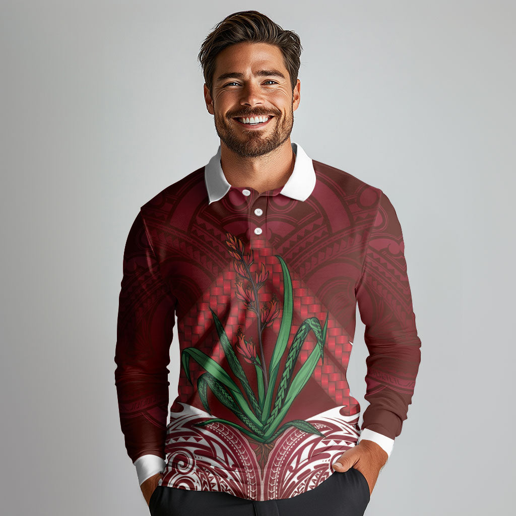 Rongoa Maori New Zealand Harakeke Long Sleeve Polo Shirt NZ Weaving Pattern Red