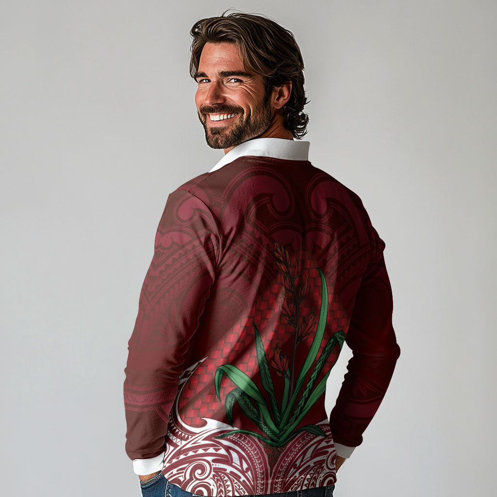 Rongoa Maori New Zealand Harakeke Long Sleeve Polo Shirt NZ Weaving Pattern Red