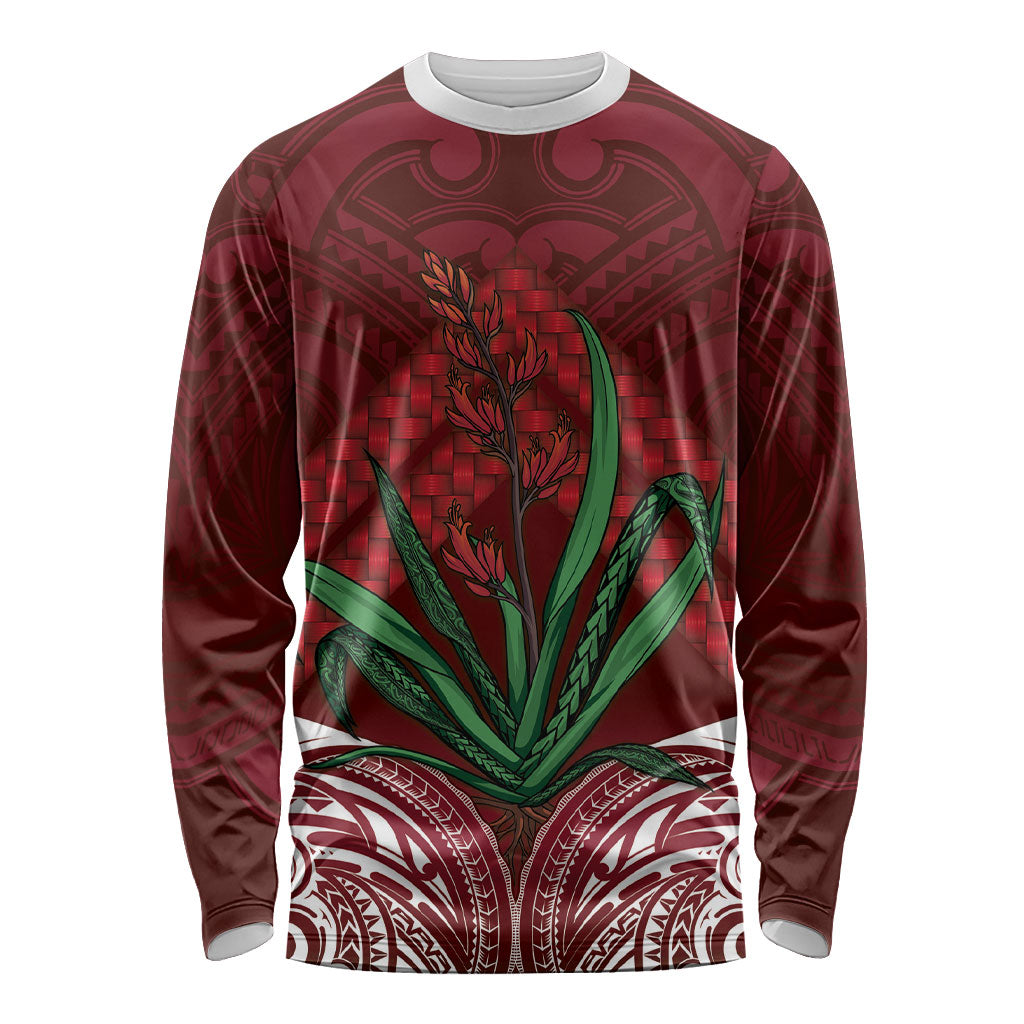 Rongoa Maori New Zealand Harakeke Long Sleeve Shirt NZ Weaving Pattern Red