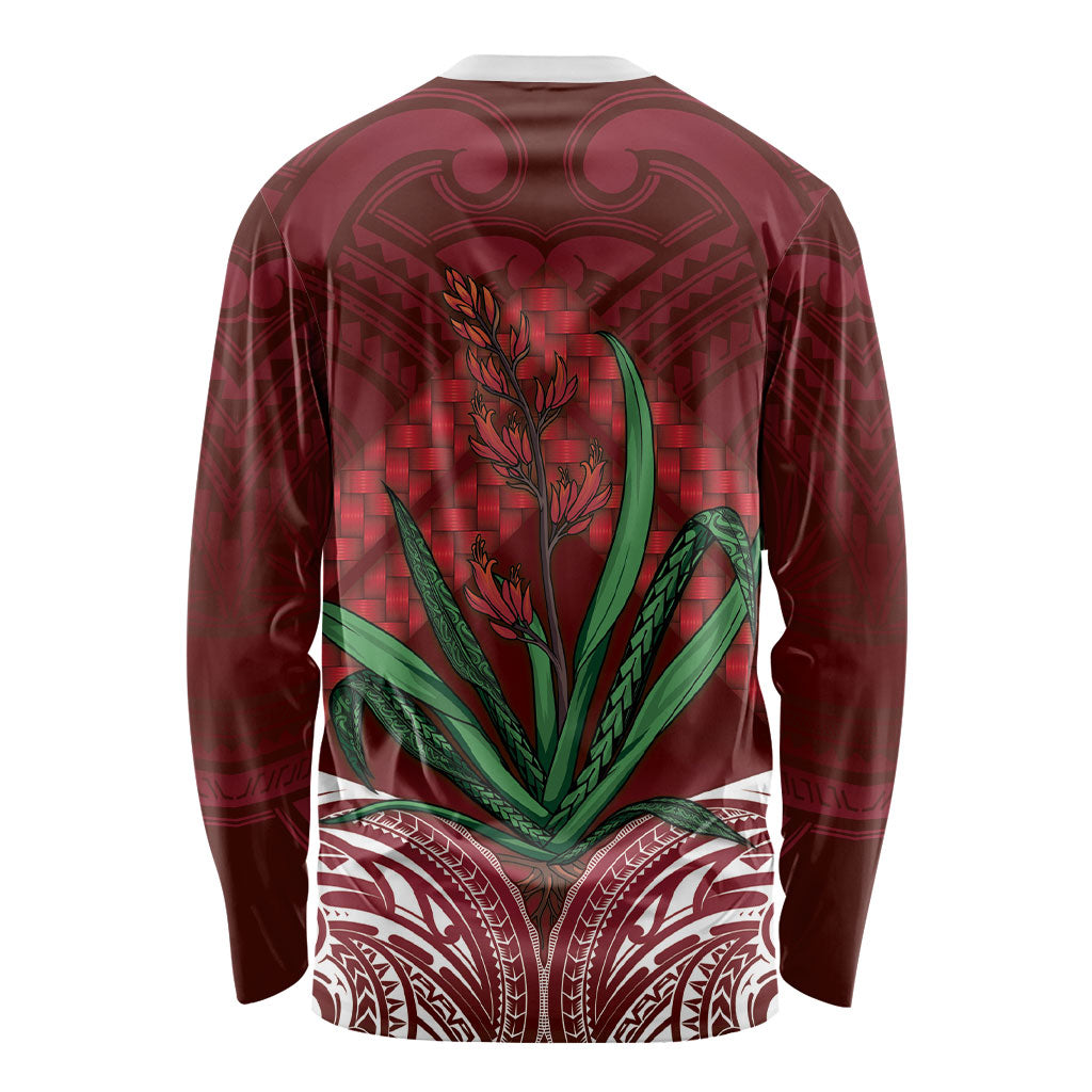 Rongoa Maori New Zealand Harakeke Long Sleeve Shirt NZ Weaving Pattern Red
