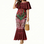 Rongoa Maori New Zealand Harakeke Mermaid Dress NZ Weaving Pattern Red