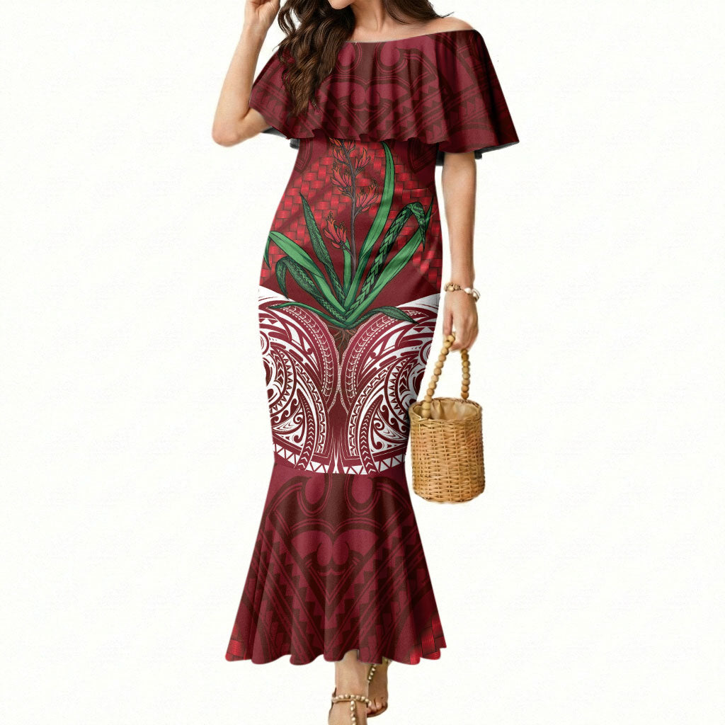 Rongoa Maori New Zealand Harakeke Mermaid Dress NZ Weaving Pattern Red