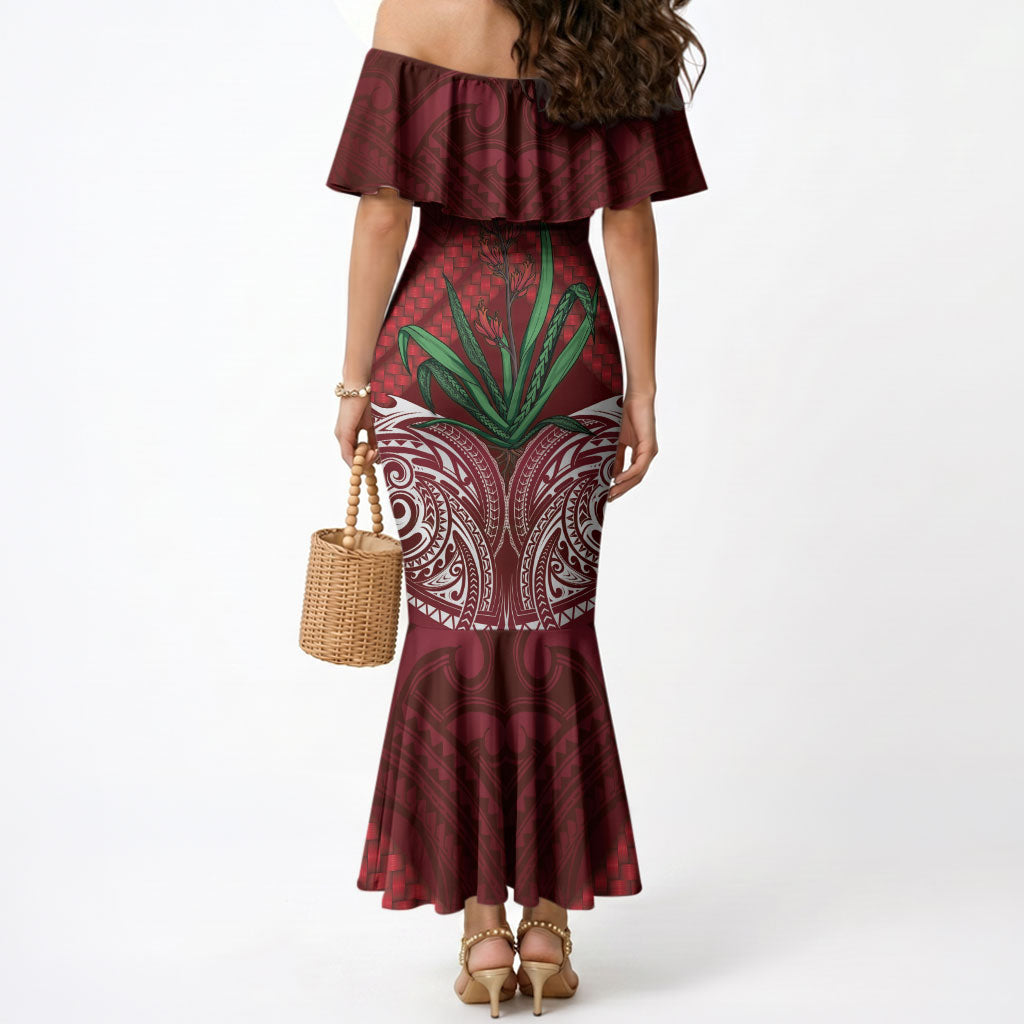 Rongoa Maori New Zealand Harakeke Mermaid Dress NZ Weaving Pattern Red