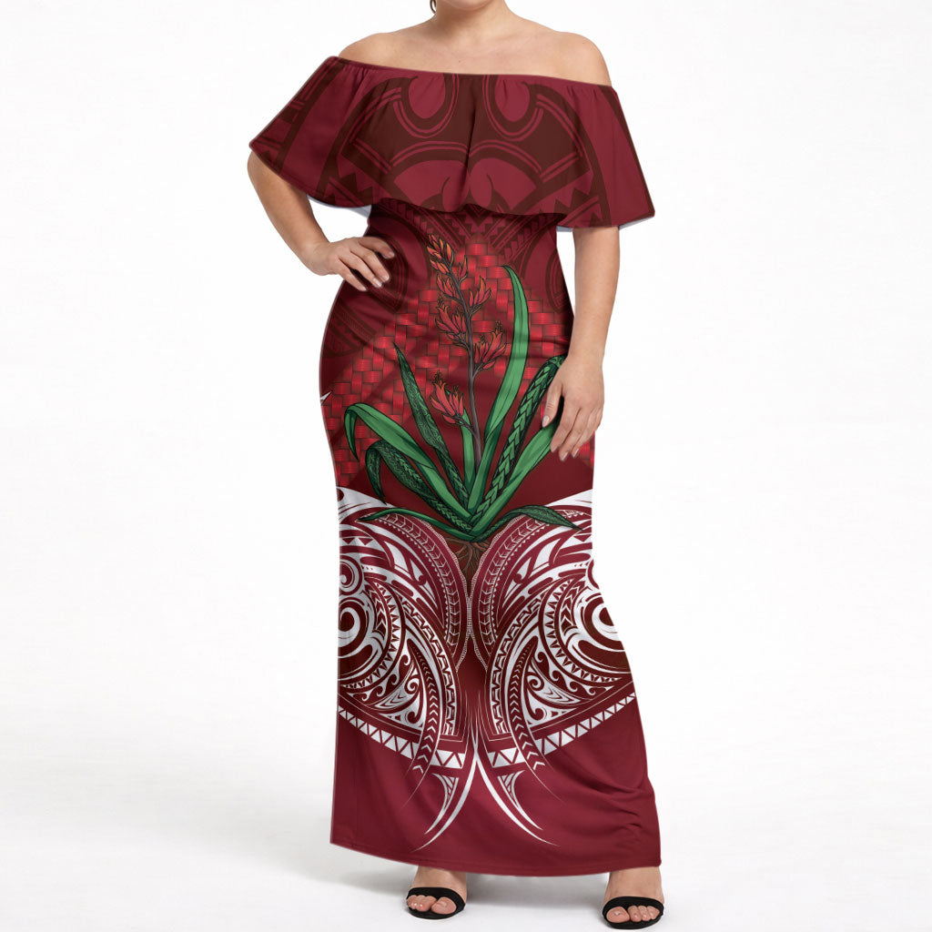 Rongoa Maori New Zealand Harakeke Off Shoulder Maxi Dress NZ Weaving Pattern Red