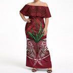 Rongoa Maori New Zealand Harakeke Off Shoulder Maxi Dress NZ Weaving Pattern Red
