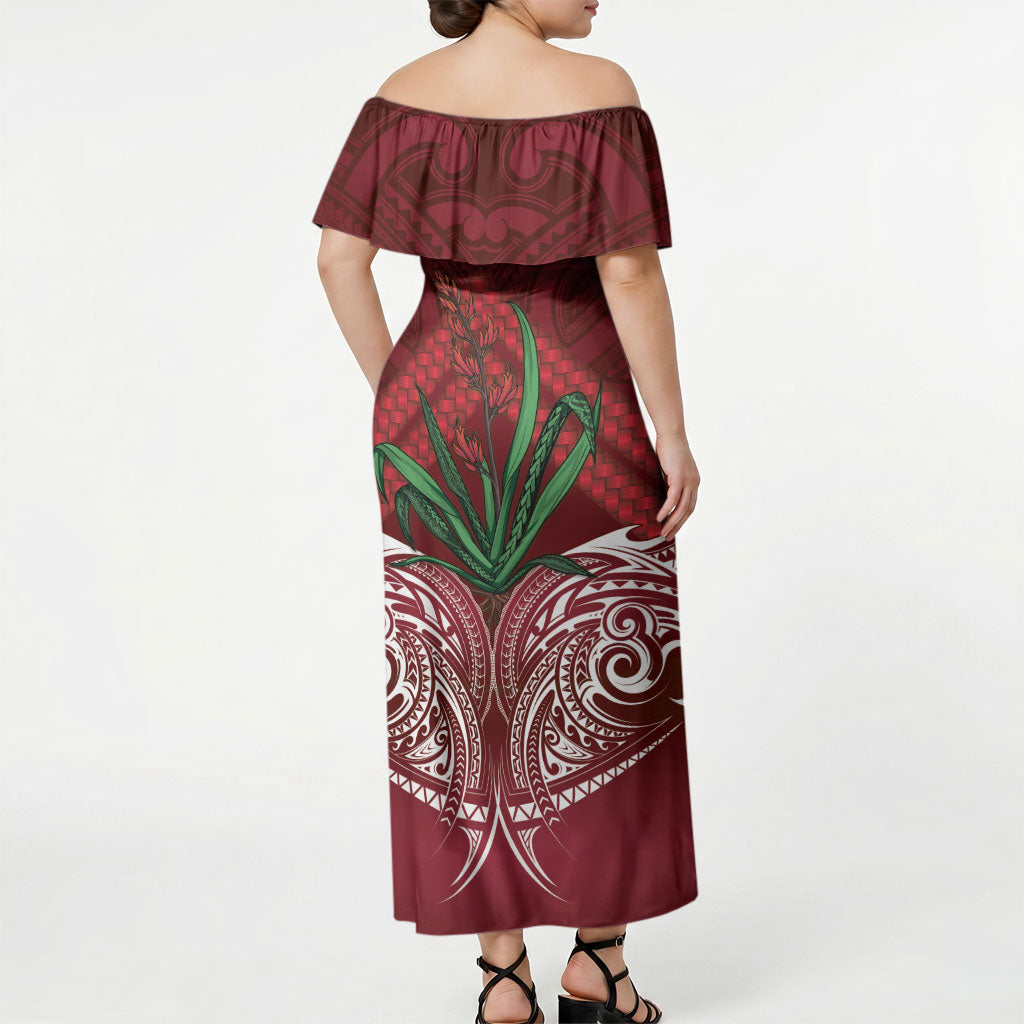Rongoa Maori New Zealand Harakeke Off Shoulder Maxi Dress NZ Weaving Pattern Red