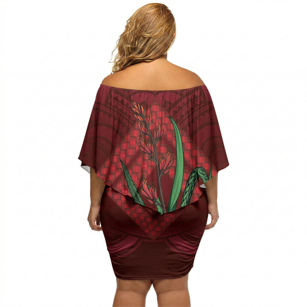 Rongoa Maori New Zealand Harakeke Off Shoulder Short Dress NZ Weaving Pattern Red