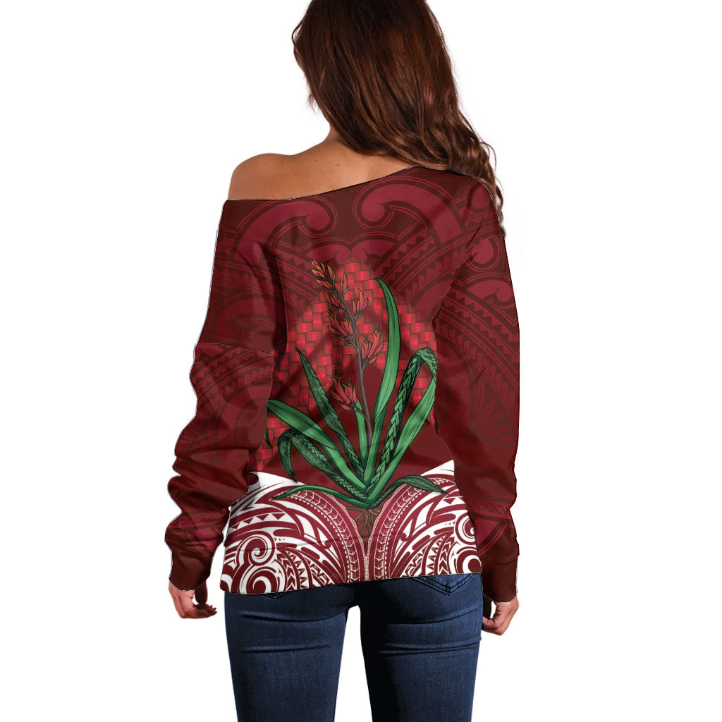 Rongoa Maori New Zealand Harakeke Off Shoulder Sweater NZ Weaving Pattern Red