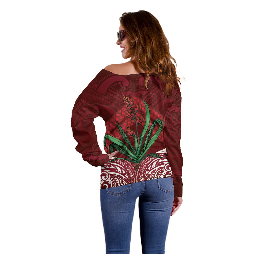 Rongoa Maori New Zealand Harakeke Off Shoulder Sweater NZ Weaving Pattern Red
