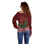 Rongoa Maori New Zealand Harakeke Off Shoulder Sweater NZ Weaving Pattern Red