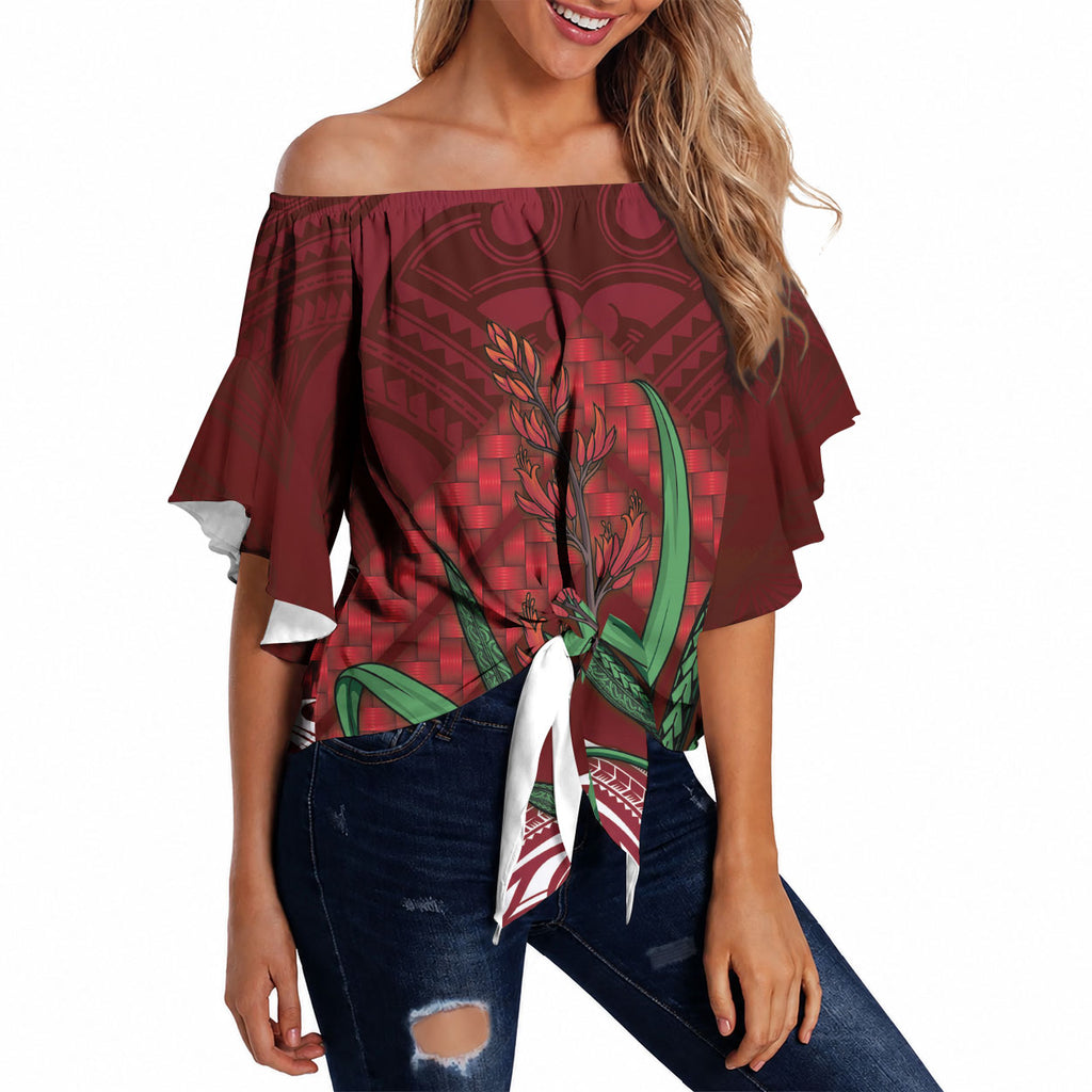 Rongoa Maori New Zealand Harakeke Off Shoulder Wrap Waist Top NZ Weaving Pattern Red