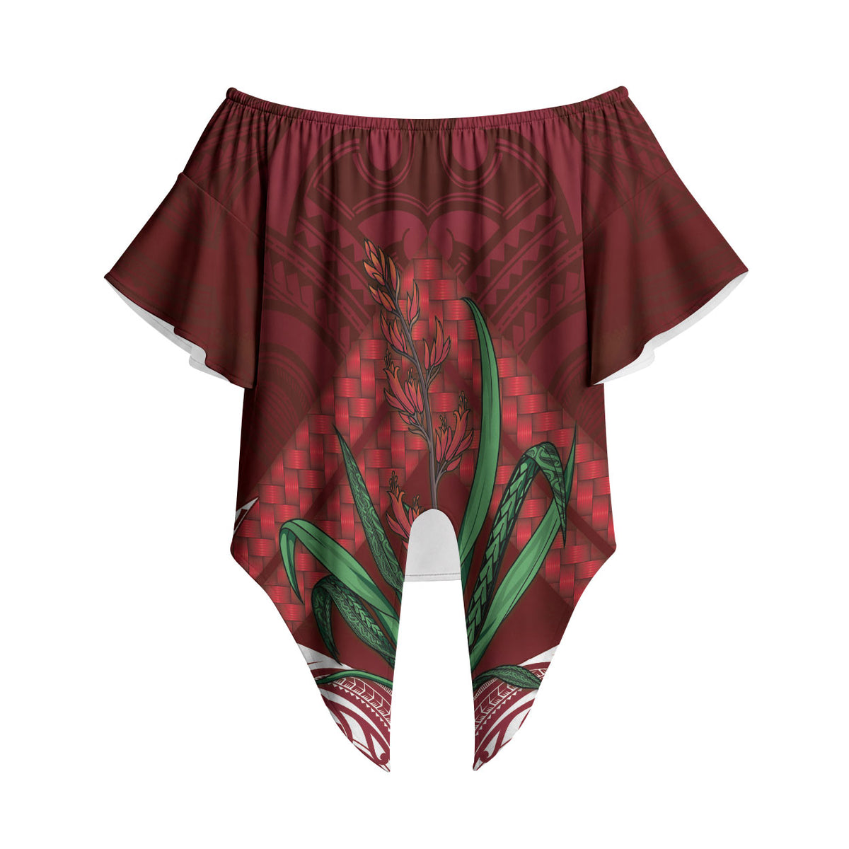 Rongoa Maori New Zealand Harakeke Off Shoulder Wrap Waist Top NZ Weaving Pattern Red