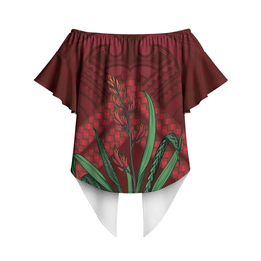 Rongoa Maori New Zealand Harakeke Off Shoulder Wrap Waist Top NZ Weaving Pattern Red