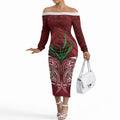 Rongoa Maori New Zealand Harakeke Off The Shoulder Long Sleeve Dress NZ Weaving Pattern Red