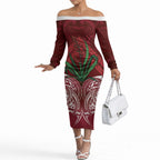 Rongoa Maori New Zealand Harakeke Off The Shoulder Long Sleeve Dress NZ Weaving Pattern Red