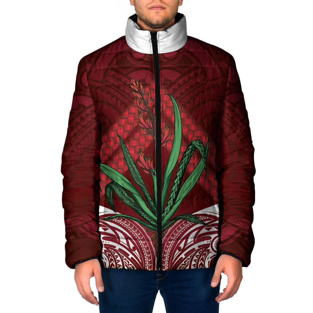 Rongoa Maori New Zealand Harakeke Padded Jacket NZ Weaving Pattern Red