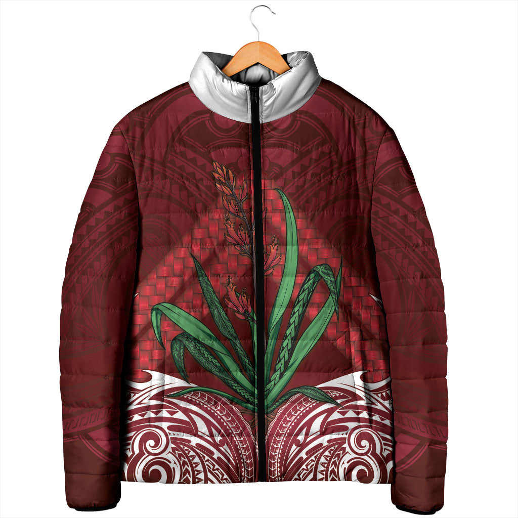 Rongoa Maori New Zealand Harakeke Padded Jacket NZ Weaving Pattern Red