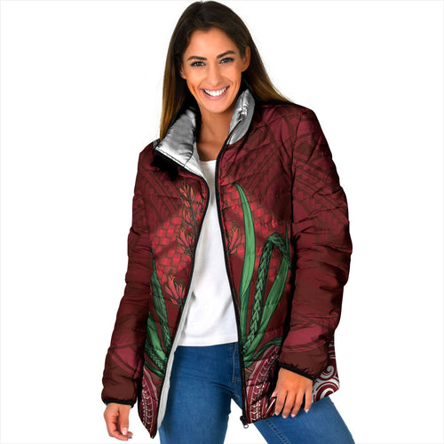 Rongoa Maori New Zealand Harakeke Padded Jacket NZ Weaving Pattern Red