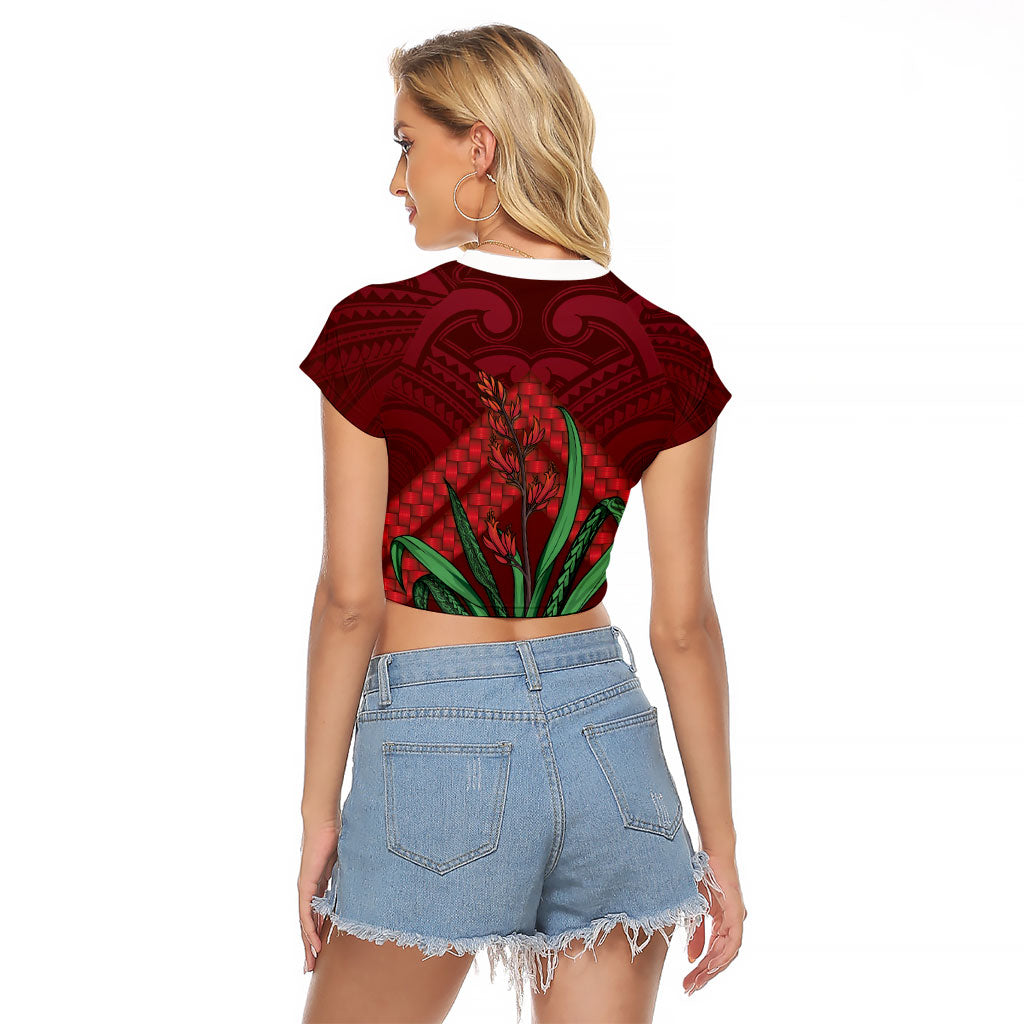 Rongoa Maori New Zealand Harakeke Raglan Cropped T Shirt NZ Weaving Pattern Red