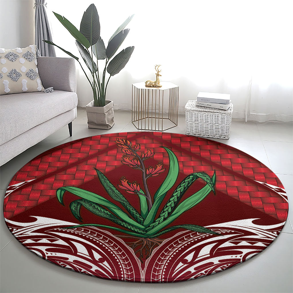 Rongoa Maori New Zealand Harakeke Round Carpet NZ Weaving Pattern Red
