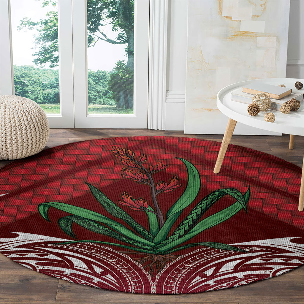 Rongoa Maori New Zealand Harakeke Round Carpet NZ Weaving Pattern Red