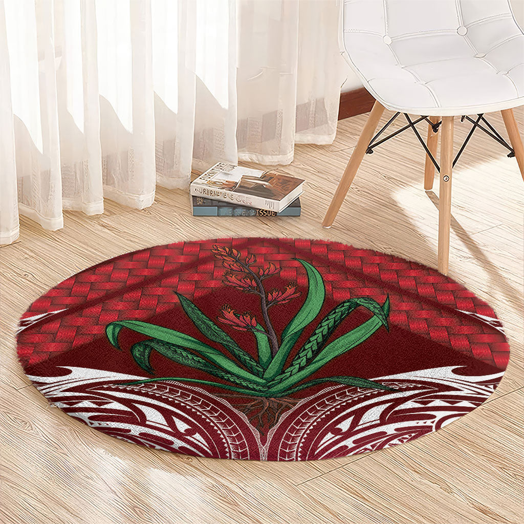 Rongoa Maori New Zealand Harakeke Round Carpet NZ Weaving Pattern Red