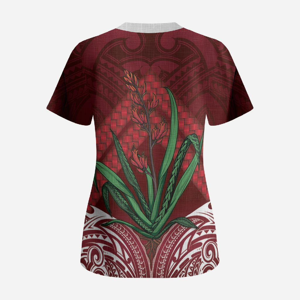 Rongoa Maori New Zealand Harakeke Scrub Top NZ Weaving Pattern Red