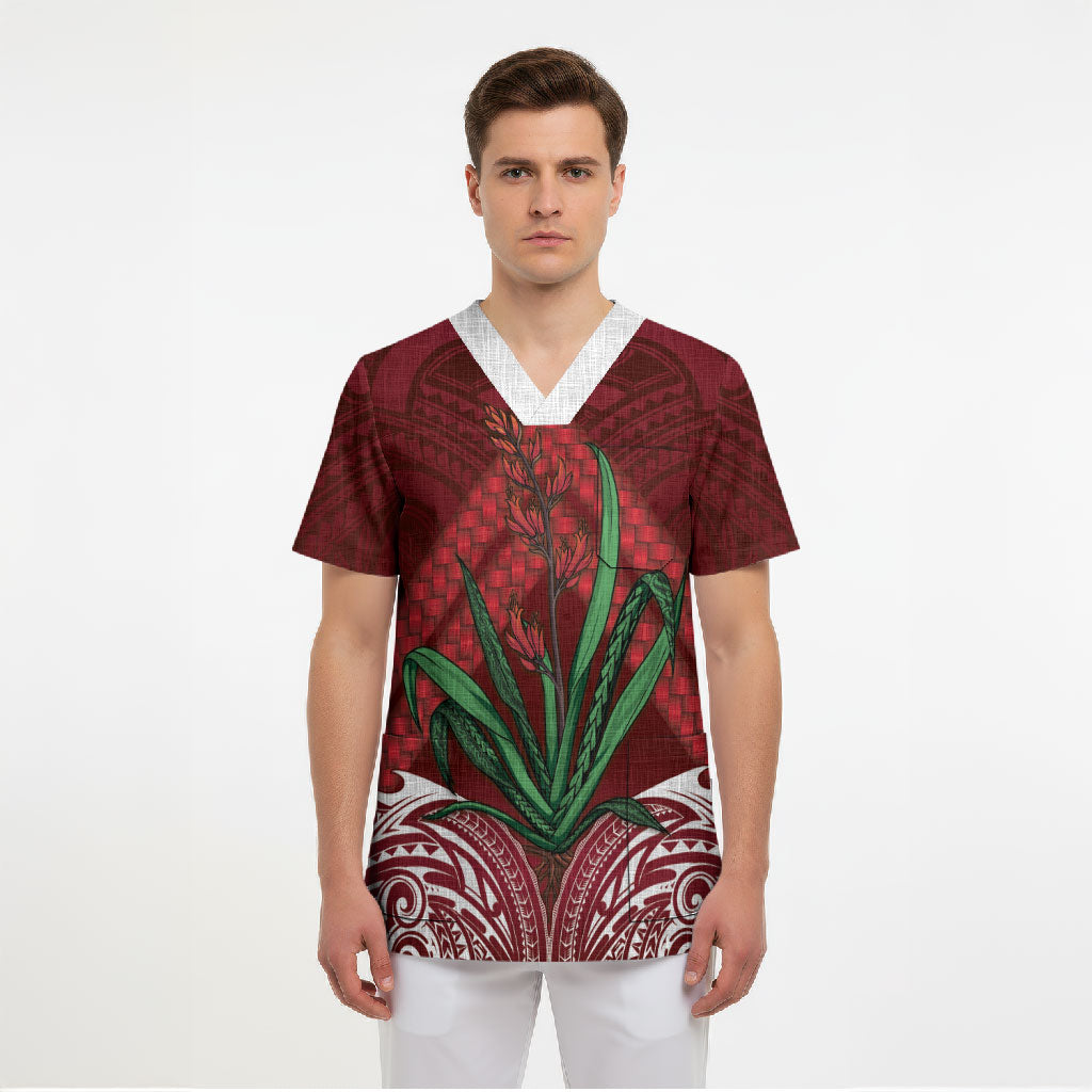 Rongoa Maori New Zealand Harakeke Scrub Top NZ Weaving Pattern Red