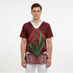 Rongoa Maori New Zealand Harakeke Scrub Top NZ Weaving Pattern Red