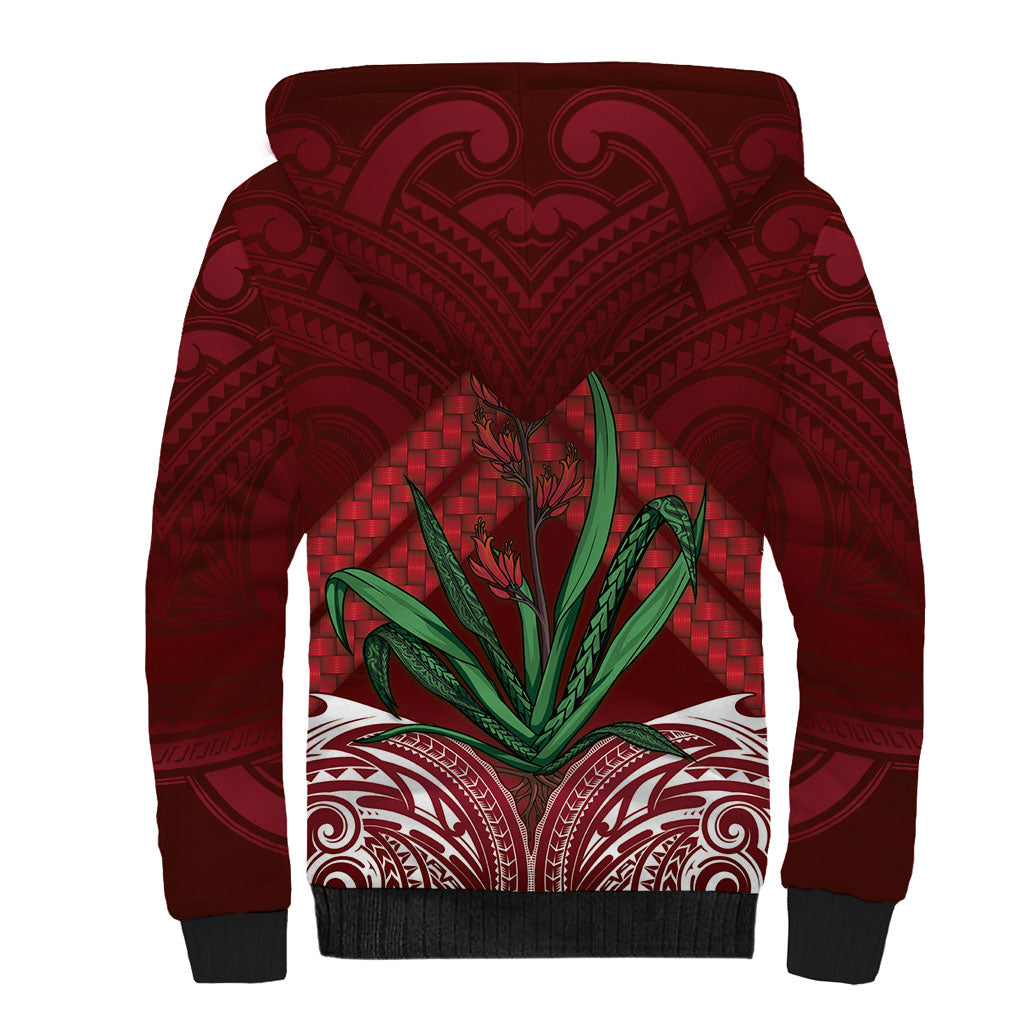 Rongoa Maori New Zealand Harakeke Sherpa Hoodie NZ Weaving Pattern Red