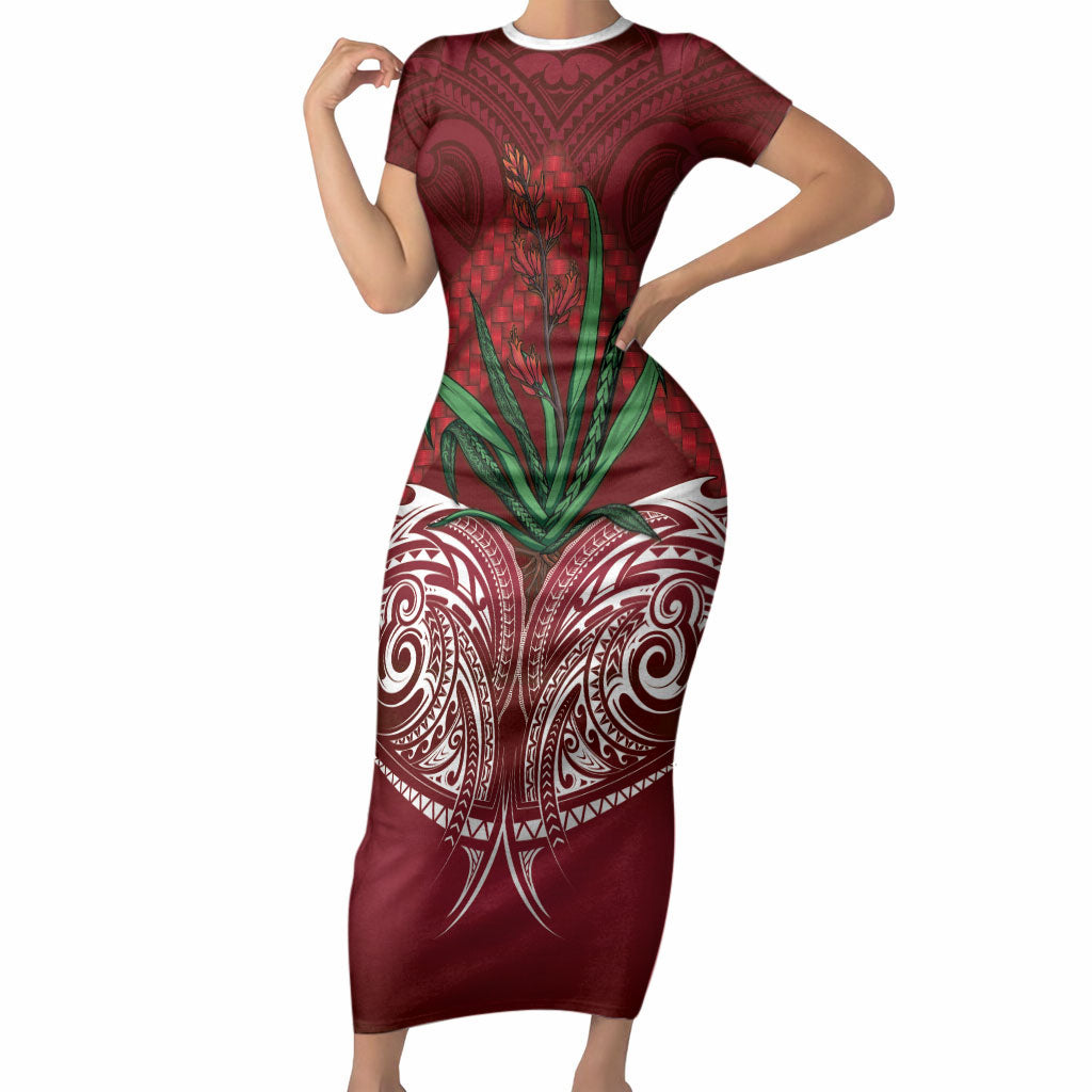 Rongoa Maori New Zealand Harakeke Short Sleeve Bodycon Dress NZ Weaving Pattern Red