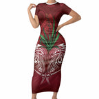 Rongoa Maori New Zealand Harakeke Short Sleeve Bodycon Dress NZ Weaving Pattern Red