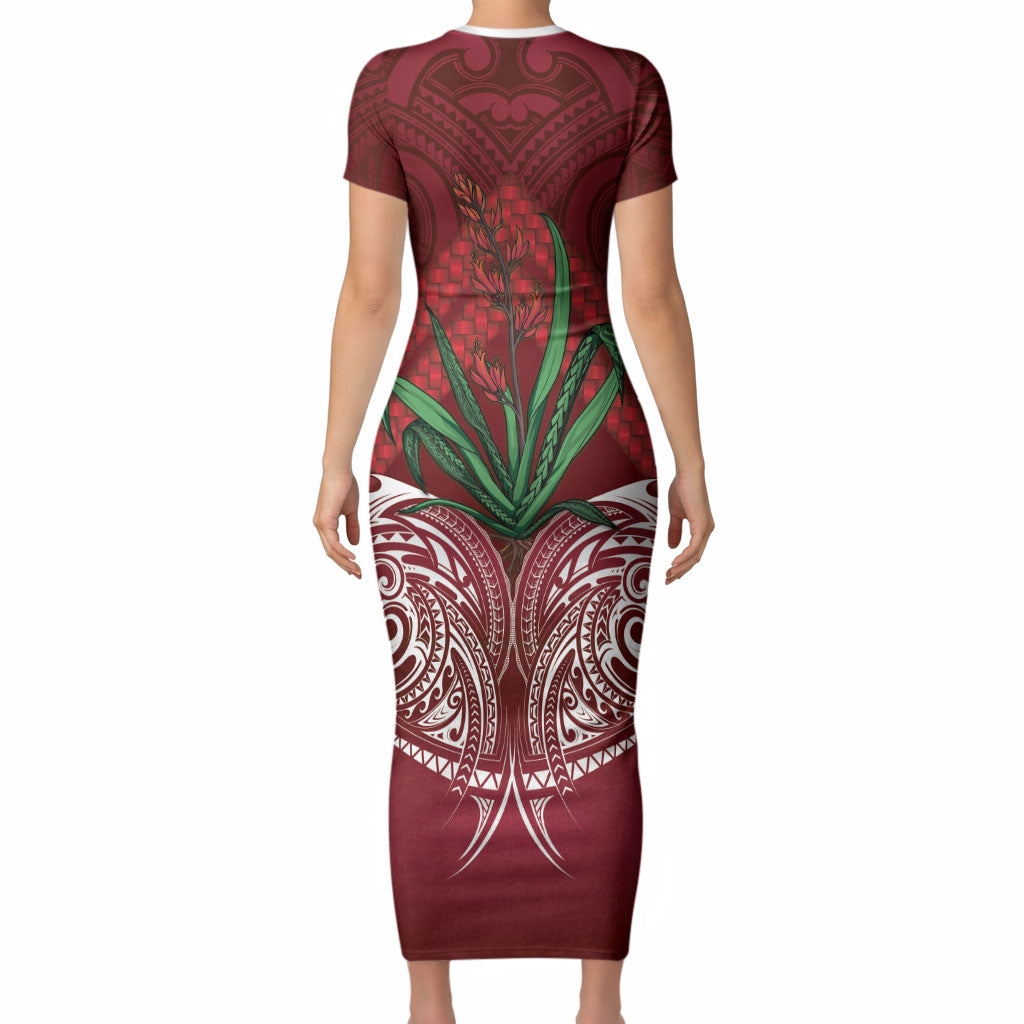 Rongoa Maori New Zealand Harakeke Short Sleeve Bodycon Dress NZ Weaving Pattern Red