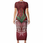 Rongoa Maori New Zealand Harakeke Short Sleeve Bodycon Dress NZ Weaving Pattern Red