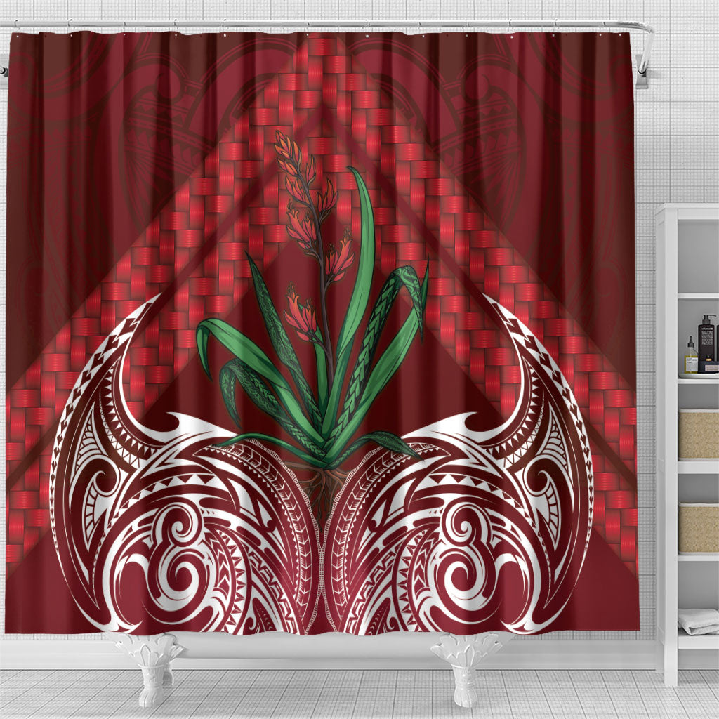 Rongoa Maori New Zealand Harakeke Shower Curtain NZ Weaving Pattern Red