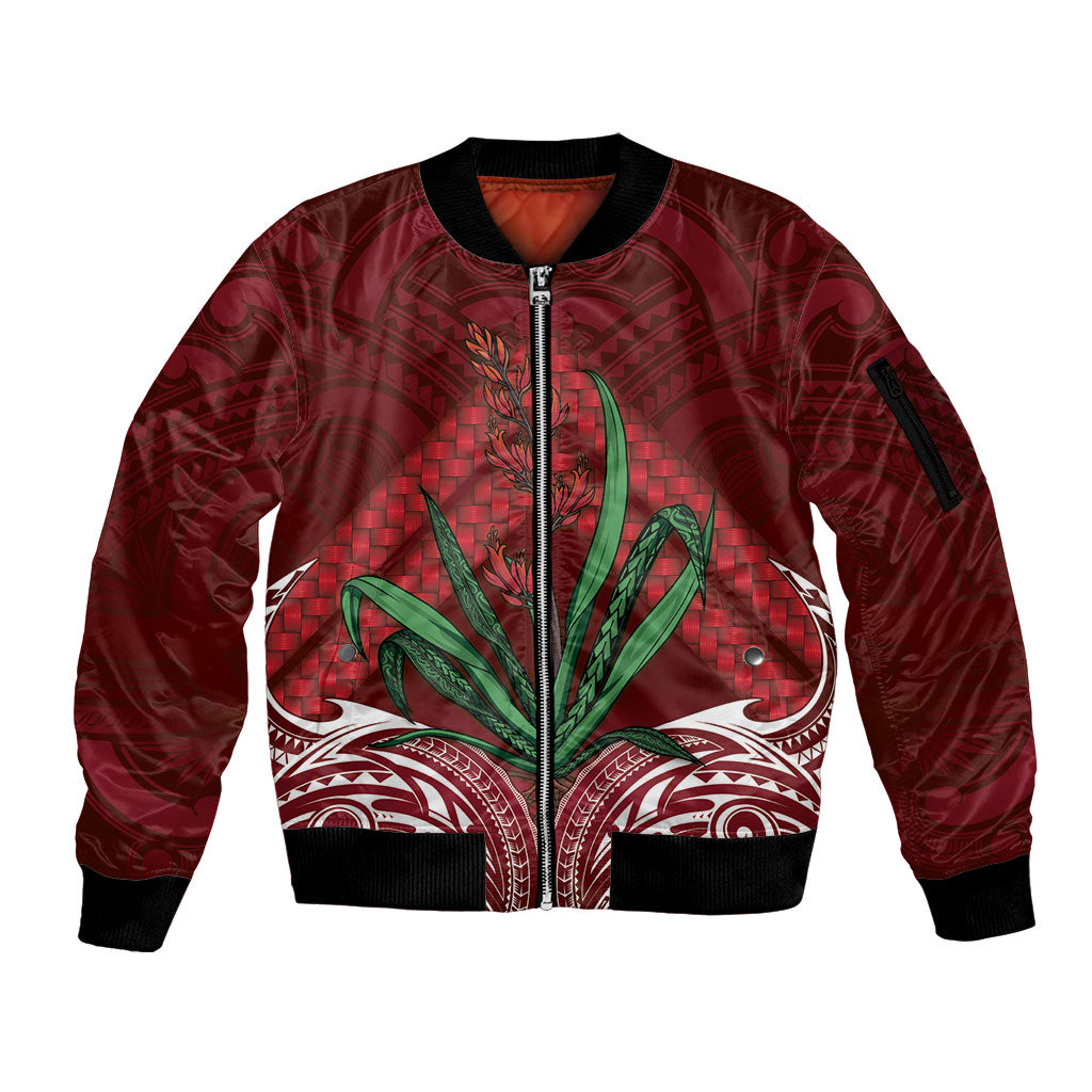 Rongoa Maori New Zealand Harakeke Sleeve Zip Bomber Jacket NZ Weaving Pattern Red
