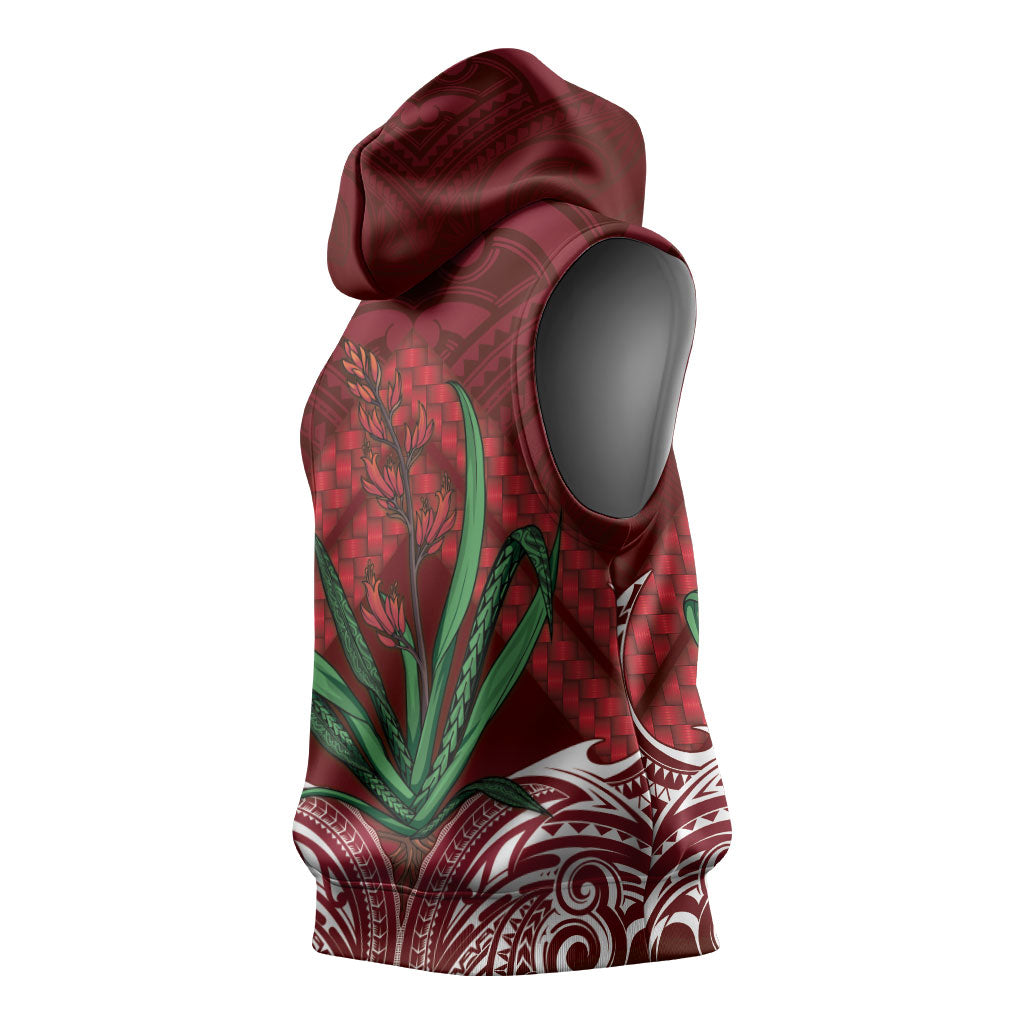 Rongoa Maori New Zealand Harakeke Sleeveless Hoodie NZ Weaving Pattern Red