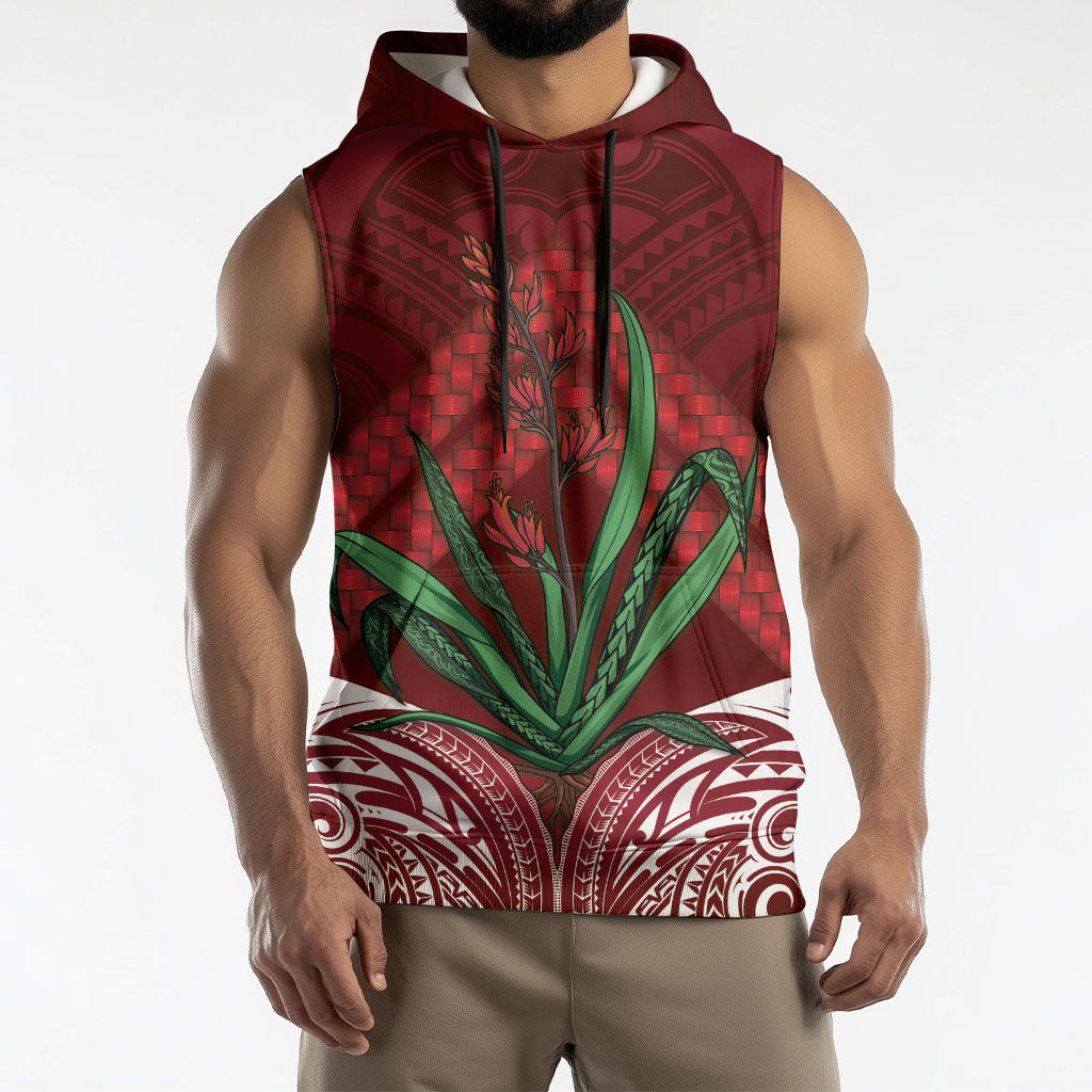 Rongoa Maori New Zealand Harakeke Sleeveless Hoodie NZ Weaving Pattern Red