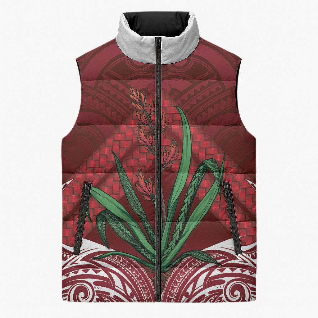 Rongoa Maori New Zealand Harakeke Sleeveless Puffer Jacket NZ Weaving Pattern Red