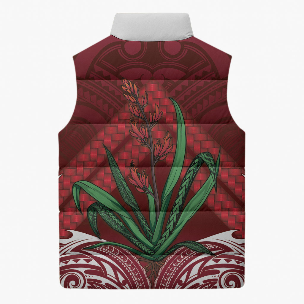 Rongoa Maori New Zealand Harakeke Sleeveless Puffer Jacket NZ Weaving Pattern Red