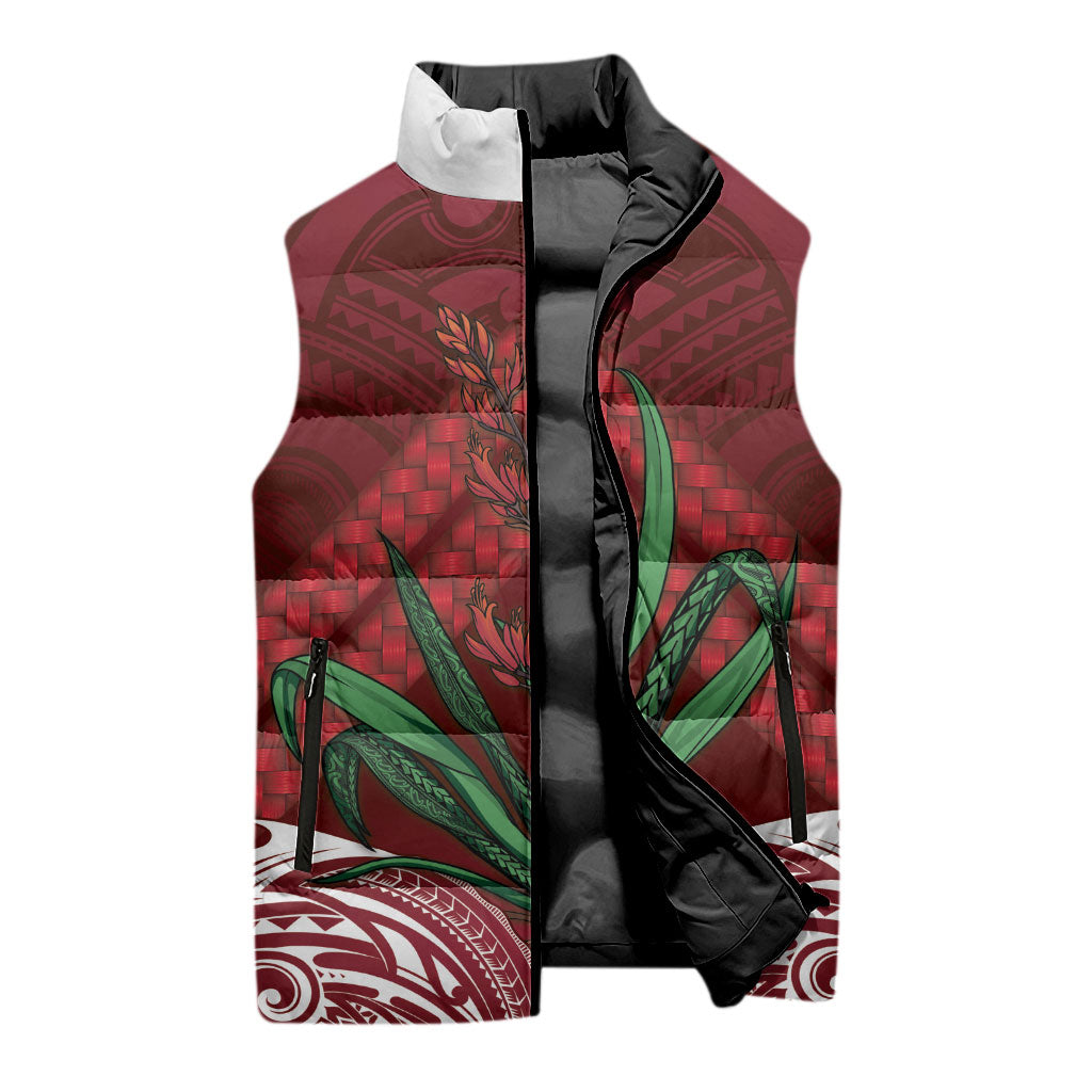 Rongoa Maori New Zealand Harakeke Sleeveless Puffer Jacket NZ Weaving Pattern Red