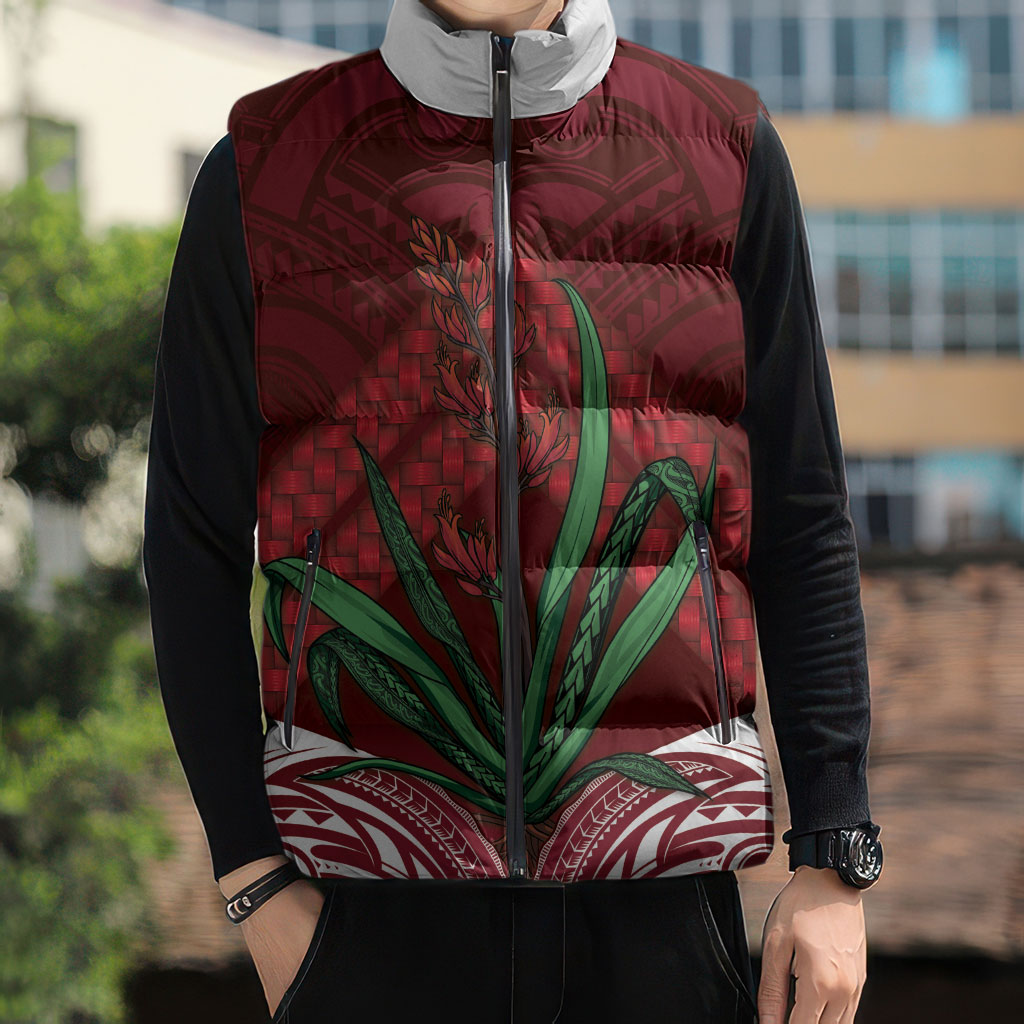 Rongoa Maori New Zealand Harakeke Sleeveless Puffer Jacket NZ Weaving Pattern Red