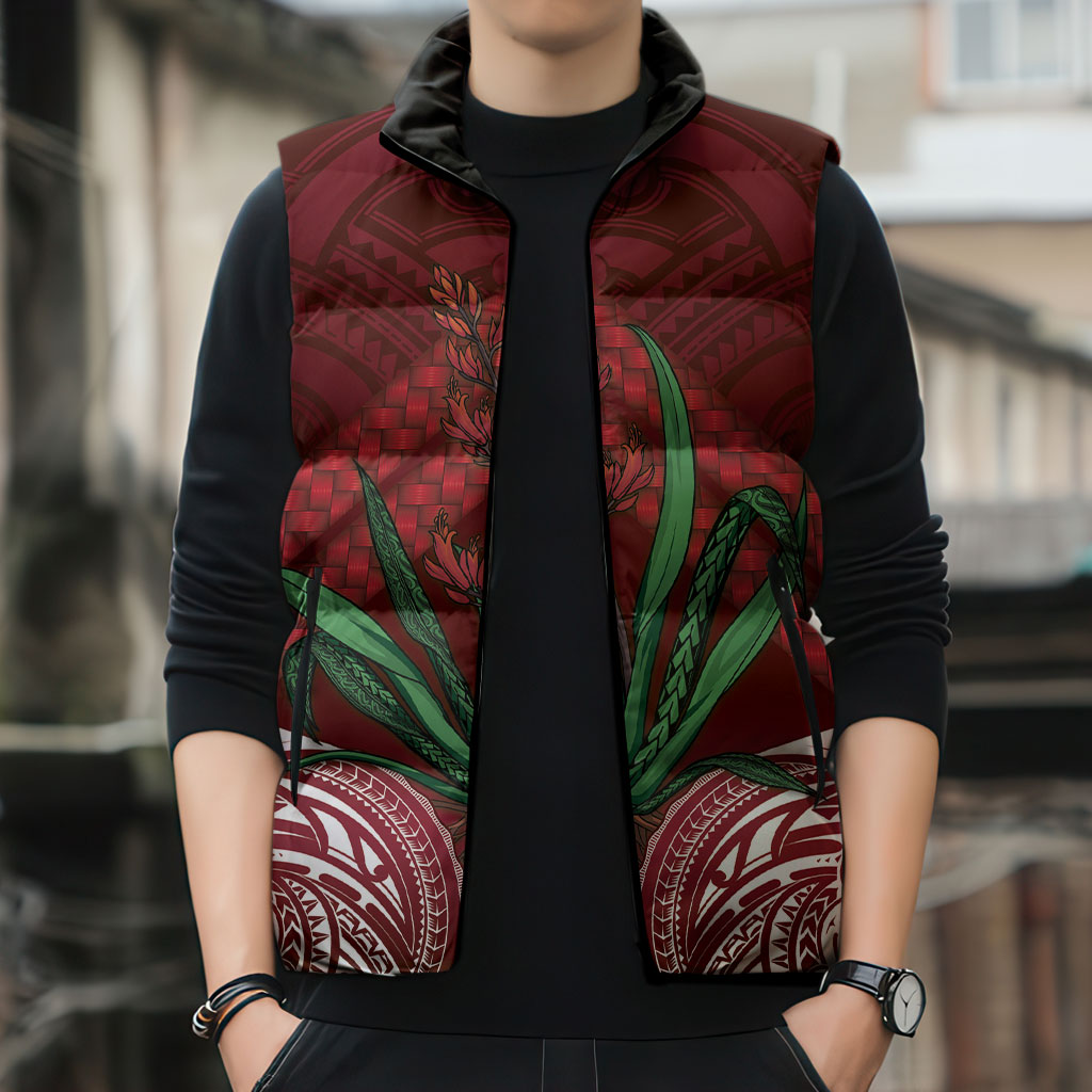 Rongoa Maori New Zealand Harakeke Sleeveless Puffer Jacket NZ Weaving Pattern Red