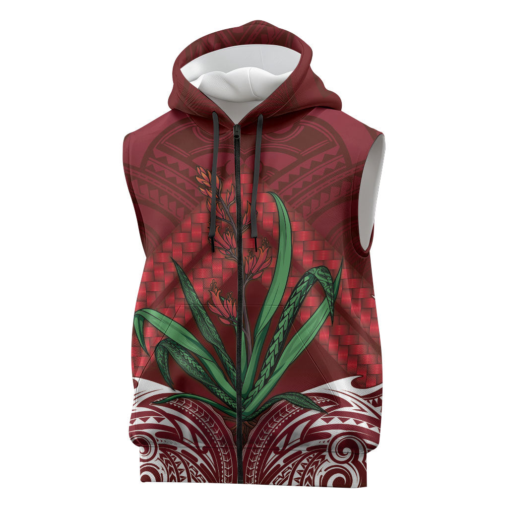 Rongoa Maori New Zealand Harakeke Sleeveless Zip Hoodie NZ Weaving Pattern Red