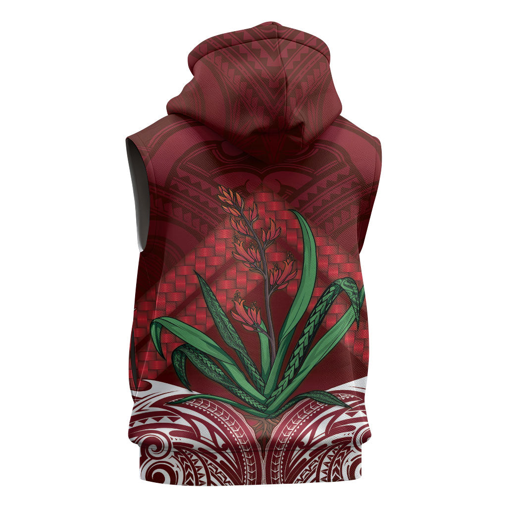 Rongoa Maori New Zealand Harakeke Sleeveless Zip Hoodie NZ Weaving Pattern Red