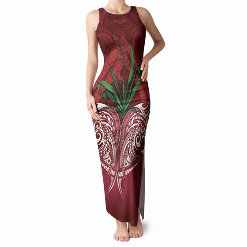 Rongoa Maori New Zealand Harakeke Tank Maxi Dress NZ Weaving Pattern Red