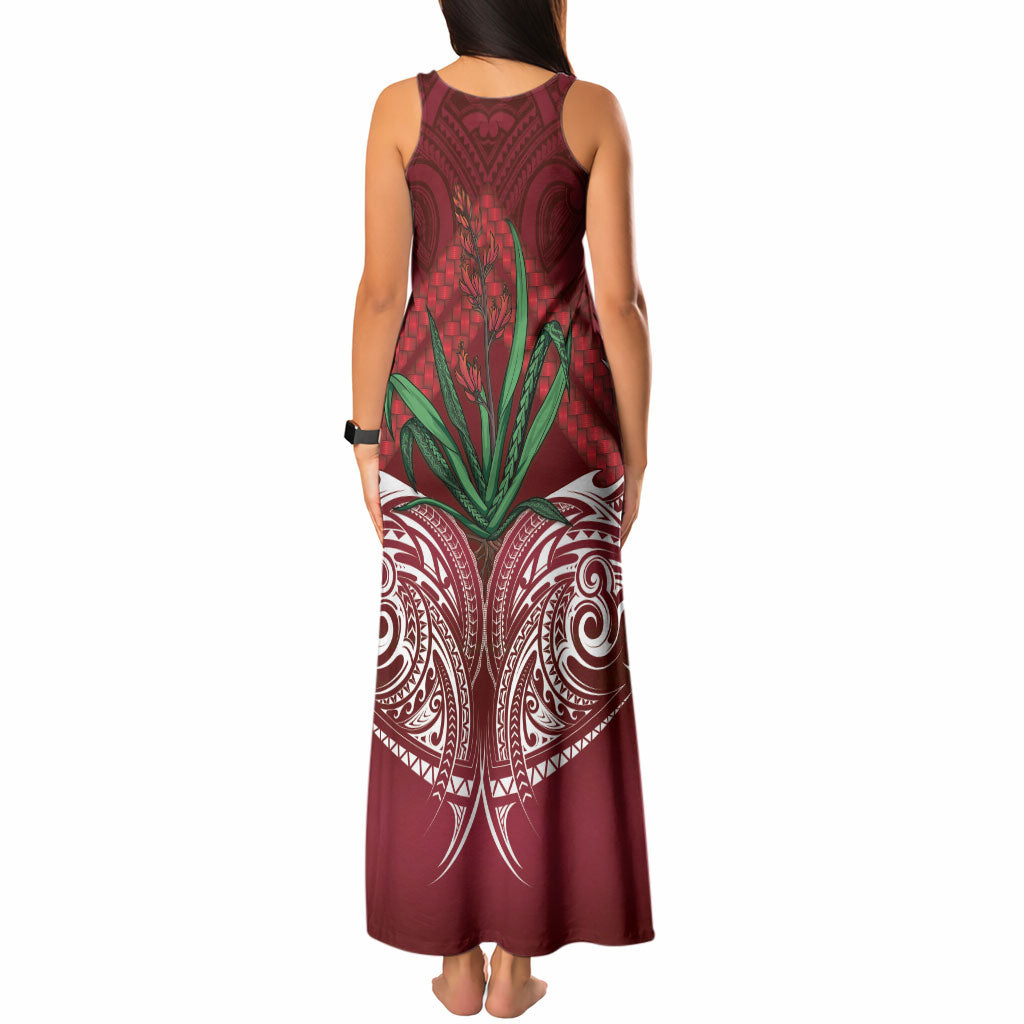 Rongoa Maori New Zealand Harakeke Tank Maxi Dress NZ Weaving Pattern Red