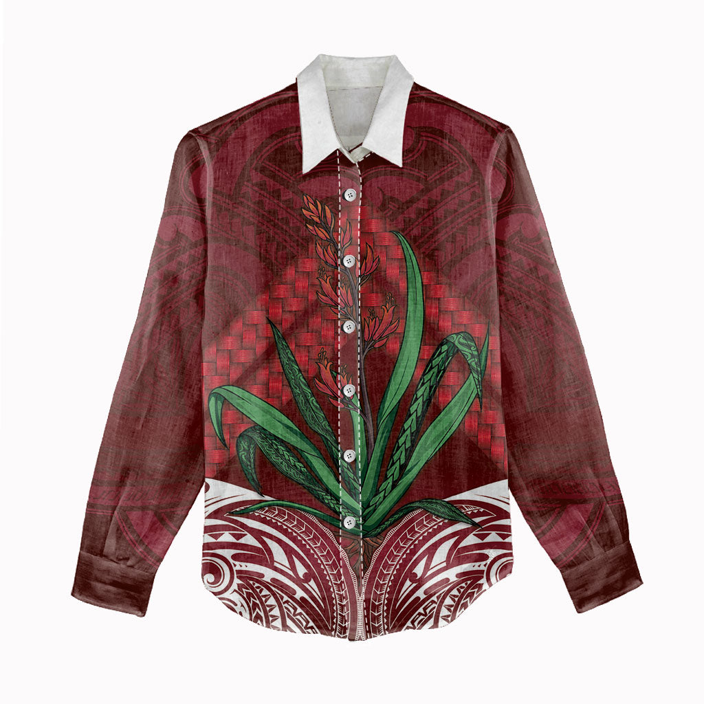 Rongoa Maori New Zealand Harakeke Women Casual Shirt NZ Weaving Pattern Red
